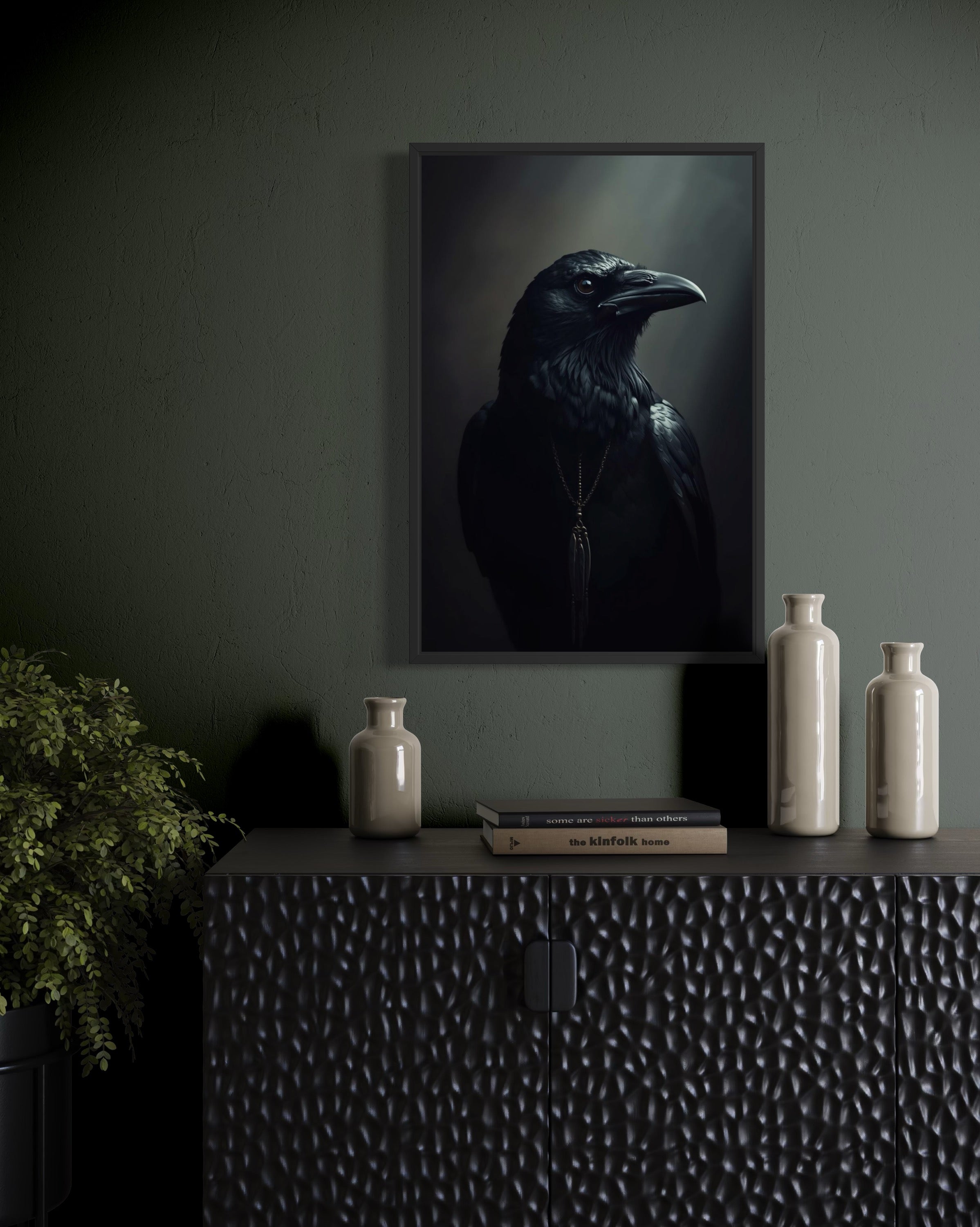 Dark Boho Raben Premium Poster – Mystische Wandkunst in Schwarz & Grau