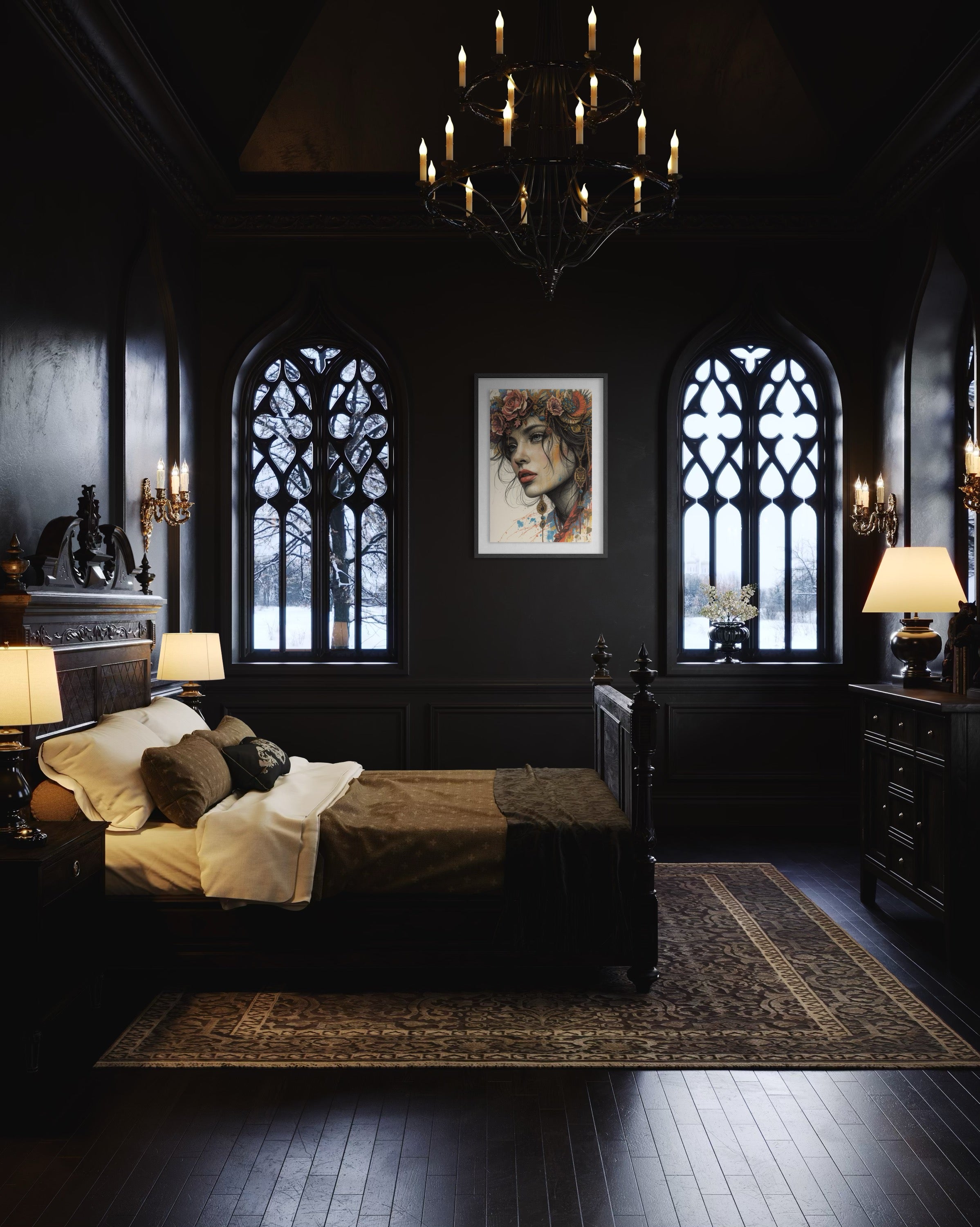 Dark Boho Frauen Vintage Portrait – Fine Art Kunstdruck mit Tiefe