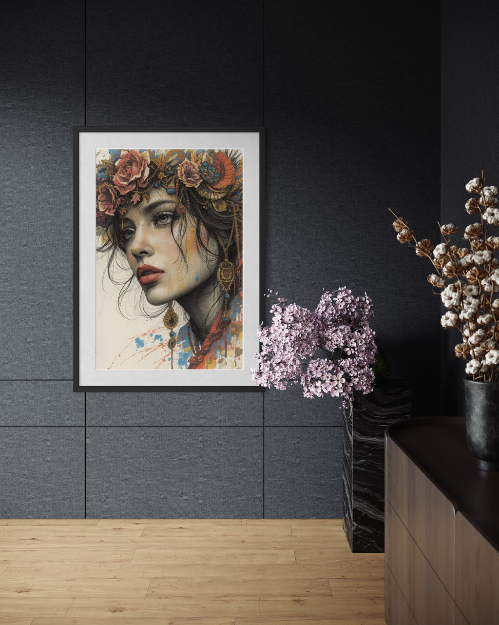 Dark Boho Frauen Vintage Portrait – Fine Art Kunstdruck mit Tiefe