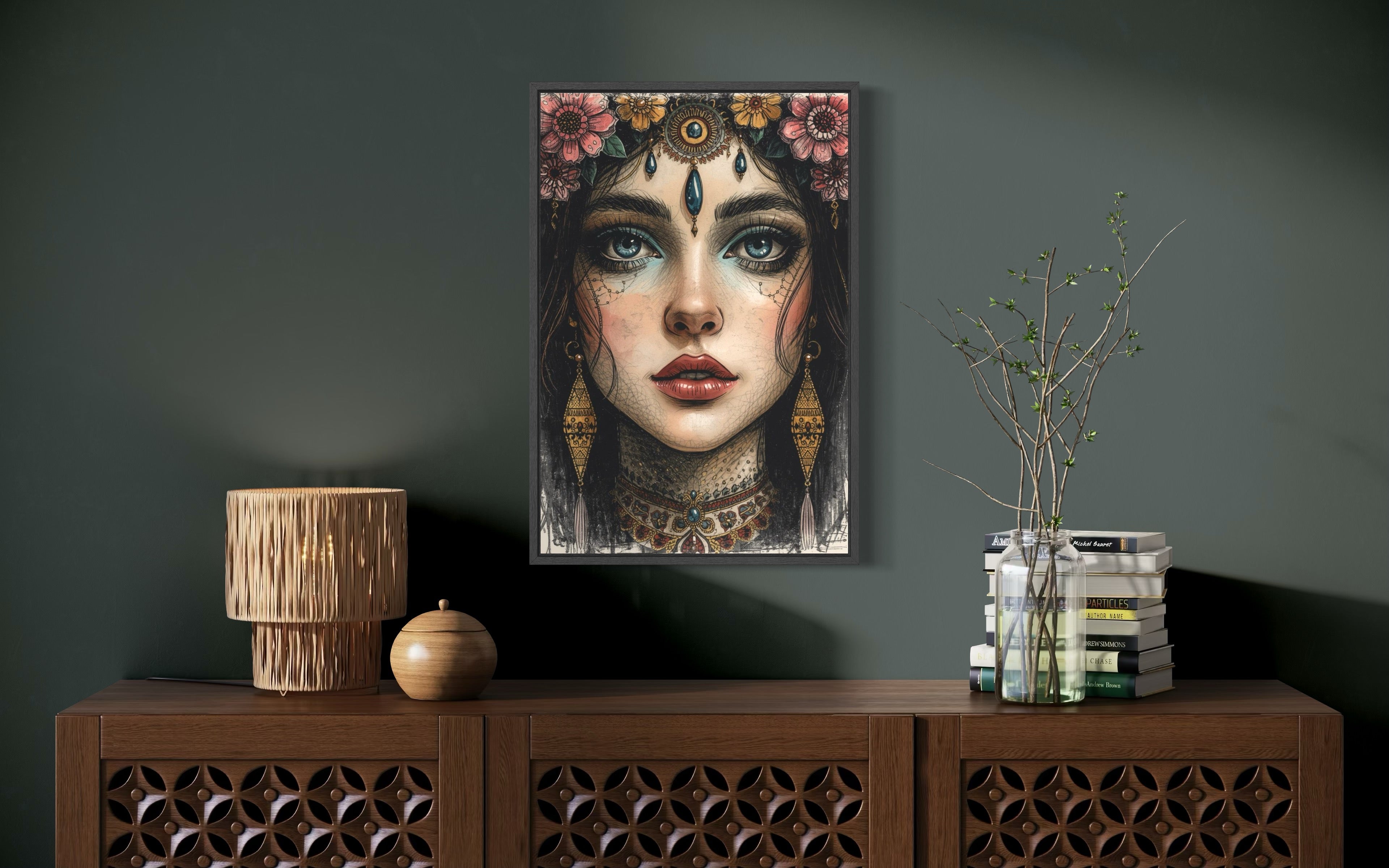 Dark Boho Kunstdruck - Orientalisches Frauenportrait - Goldene Details - Fine Art