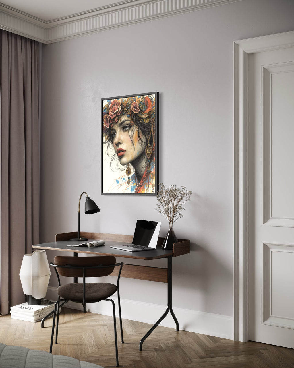 Dark Boho Frauen Vintage Portrait – Fine Art Kunstdruck mit Tiefe