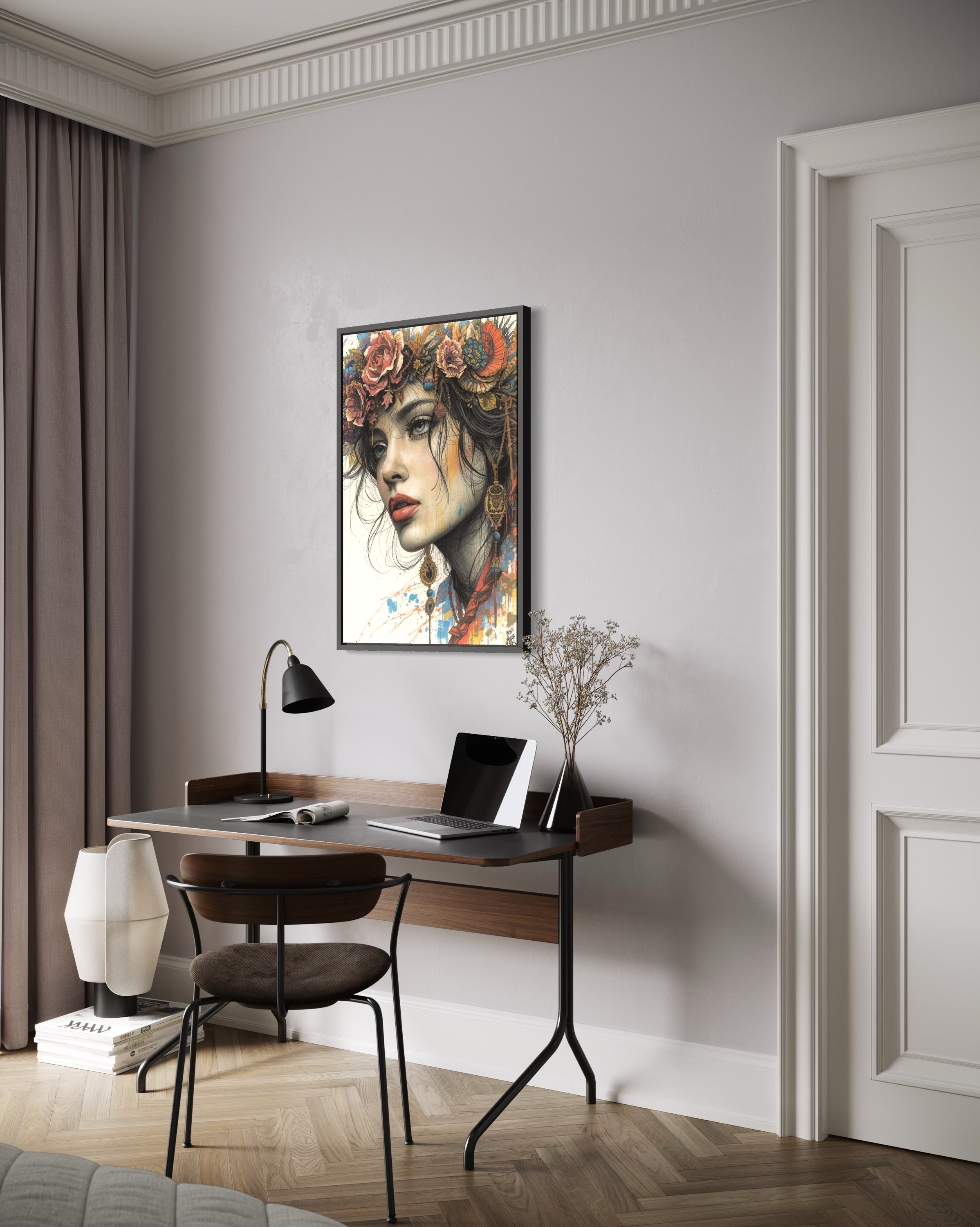 Dark Boho Frauen Vintage Portrait – Fine Art Kunstdruck mit Tiefe