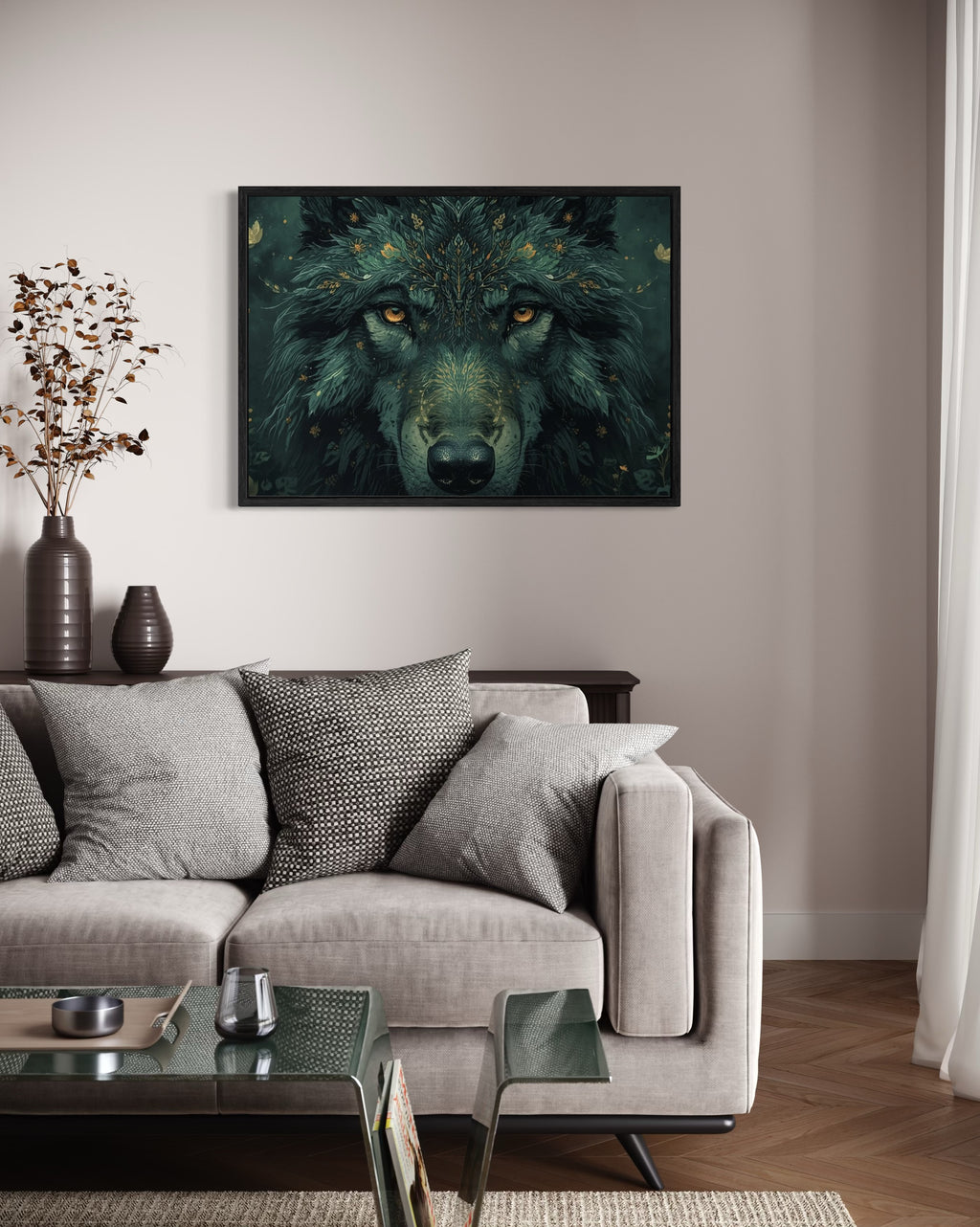 Dark Boho Wolf Poster – Mystische Waldkunst mit Tiefe