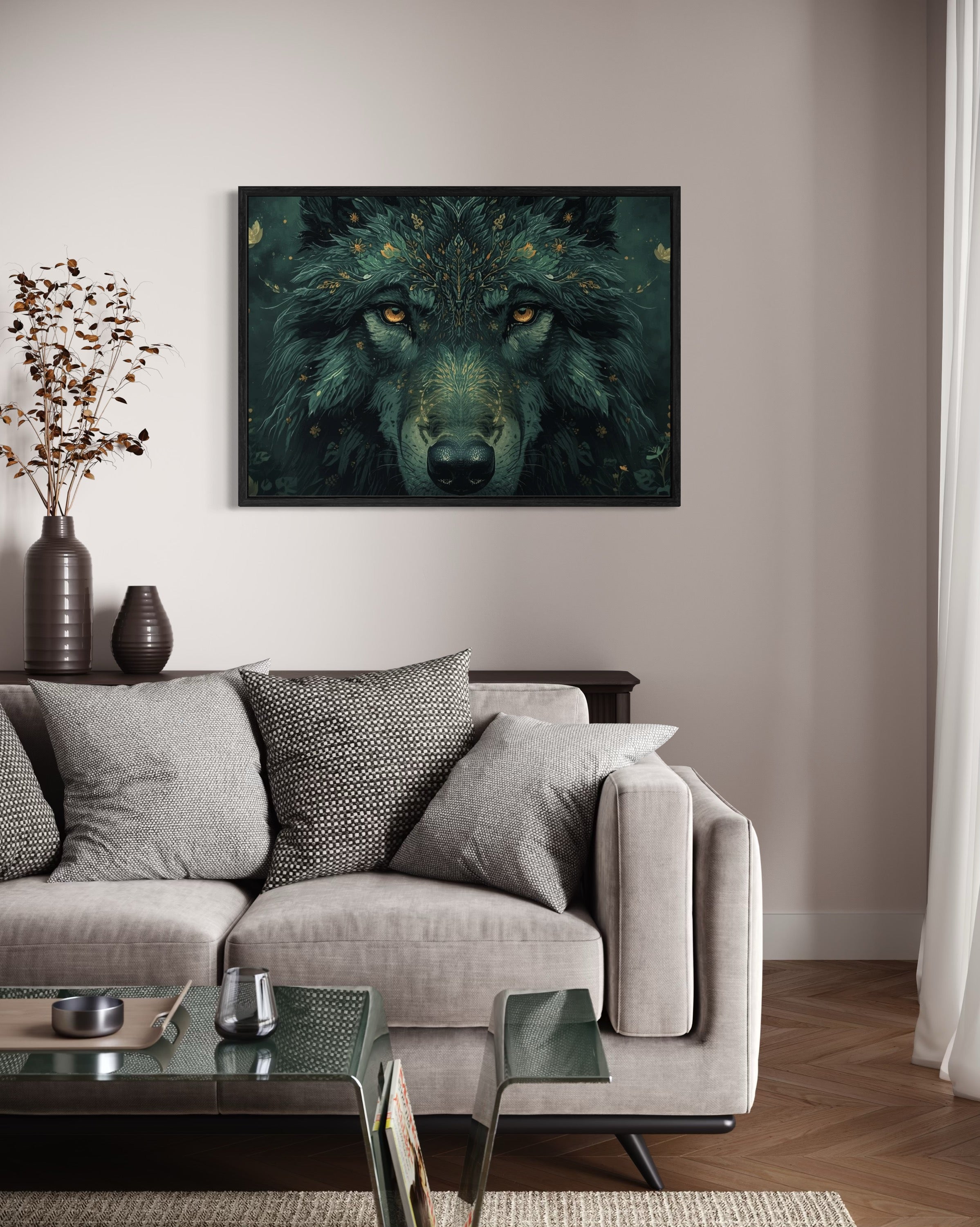 Dark Boho Wolf Poster – Mystische Waldkunst mit Tiefe