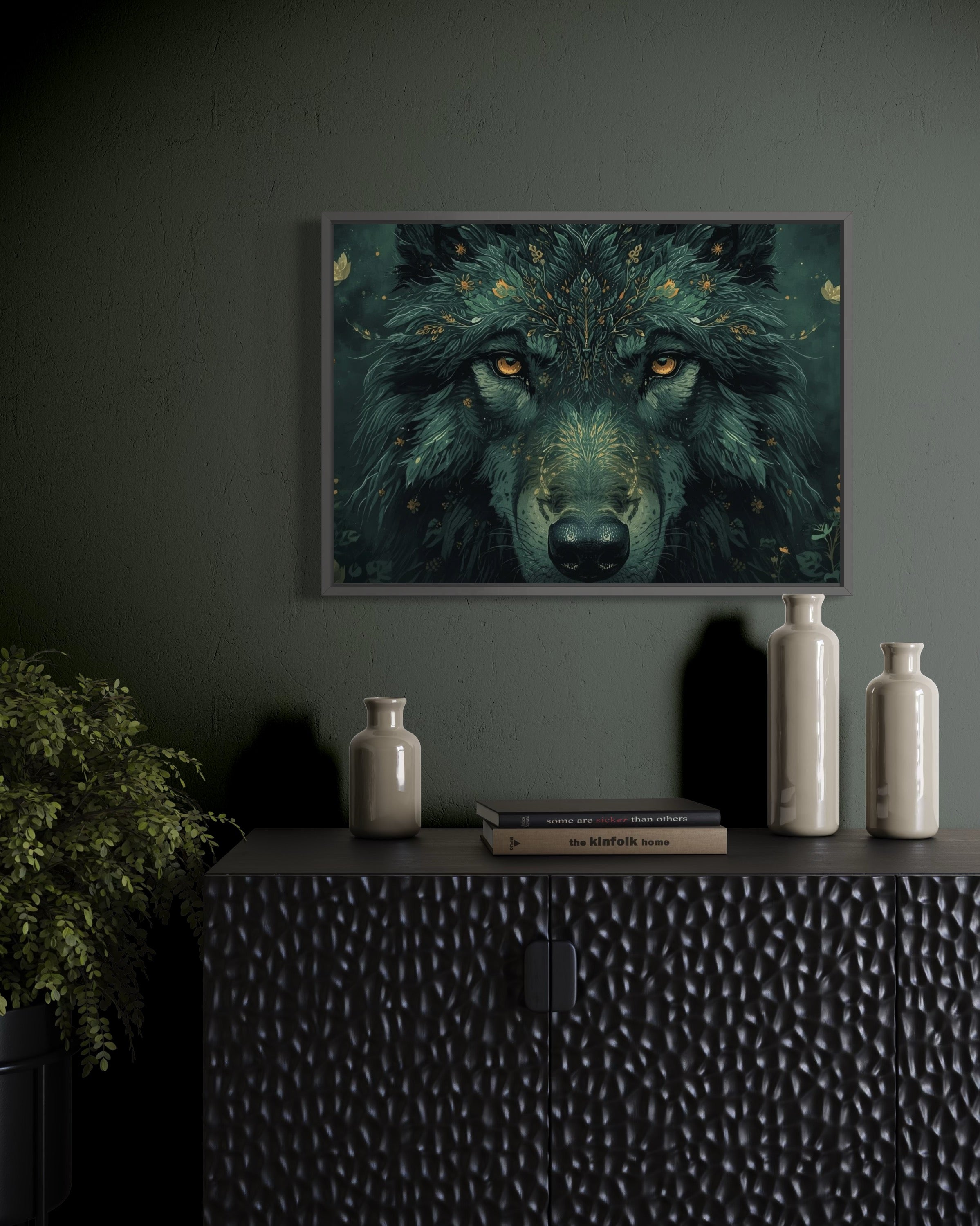 Dark Boho Wolf Poster – Mystische Waldkunst mit Tiefe
