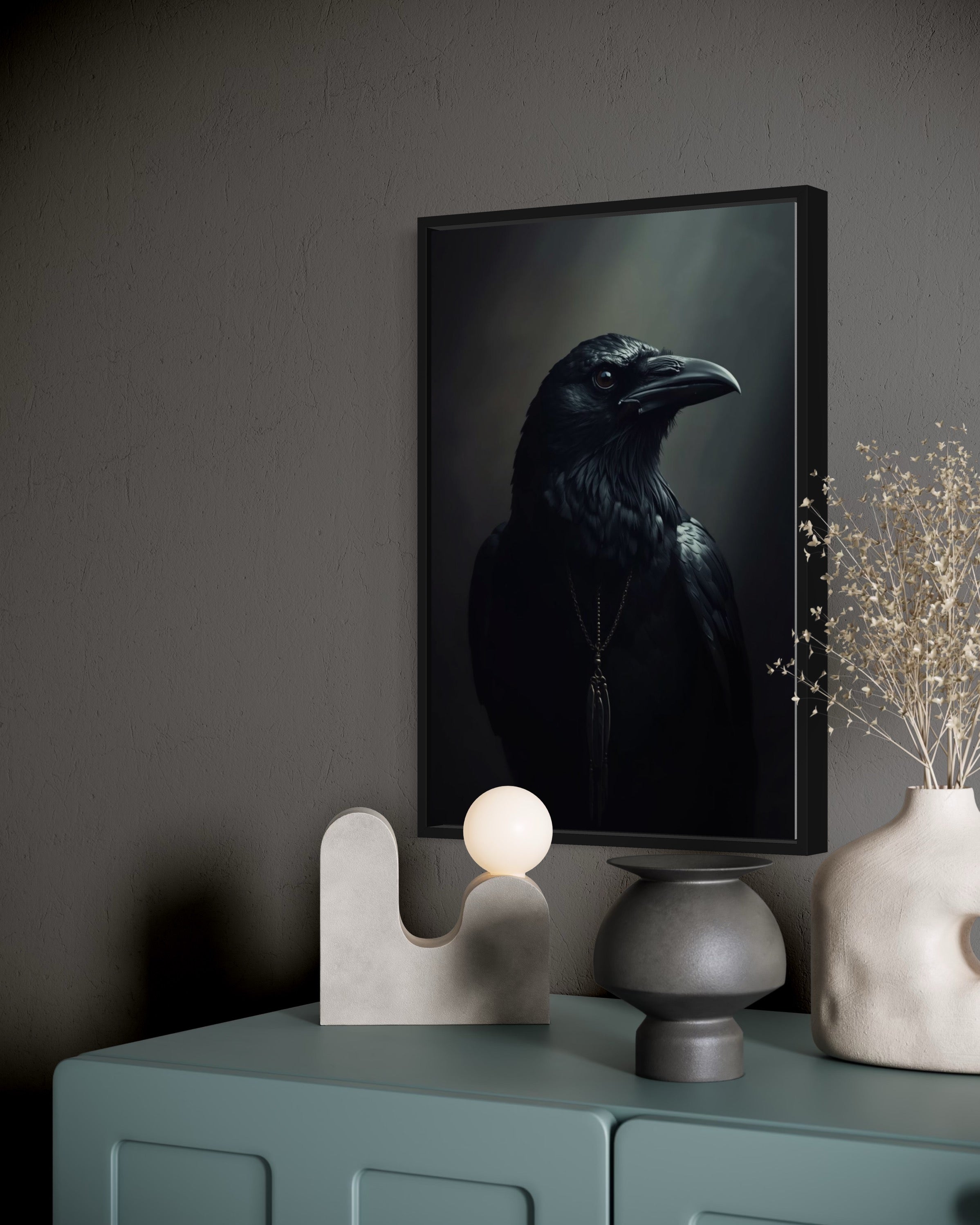 Dark Boho Raben Premium Poster – Mystische Wandkunst in Schwarz & Grau