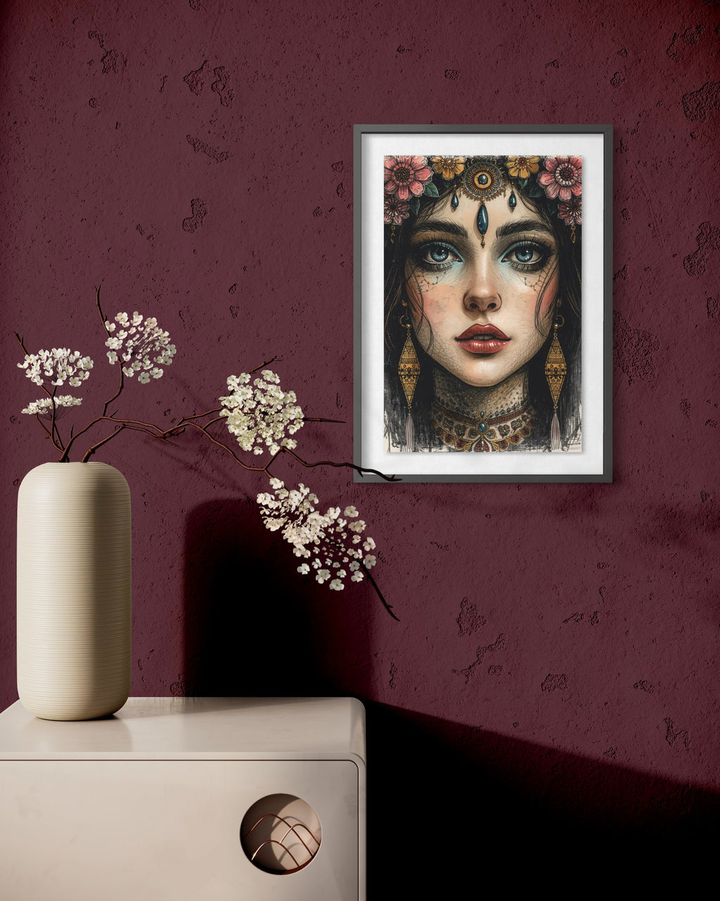 Dark Boho Kunstdruck - Orientalisches Frauenportrait - Goldene Details - Fine Art