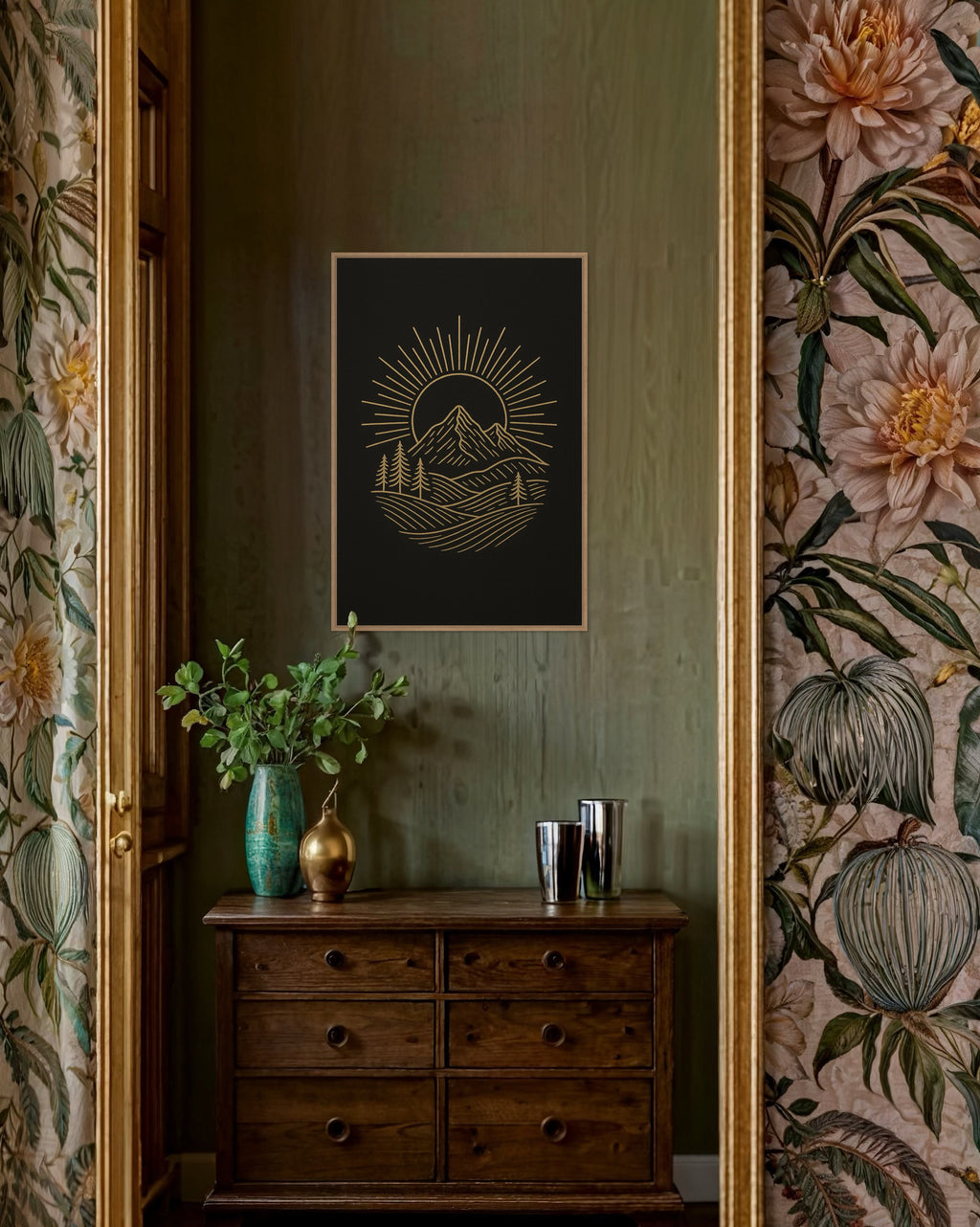 Dark Boho Berglandschaft Premium Poster – Minimalistische Wandkunst mit Präsenz