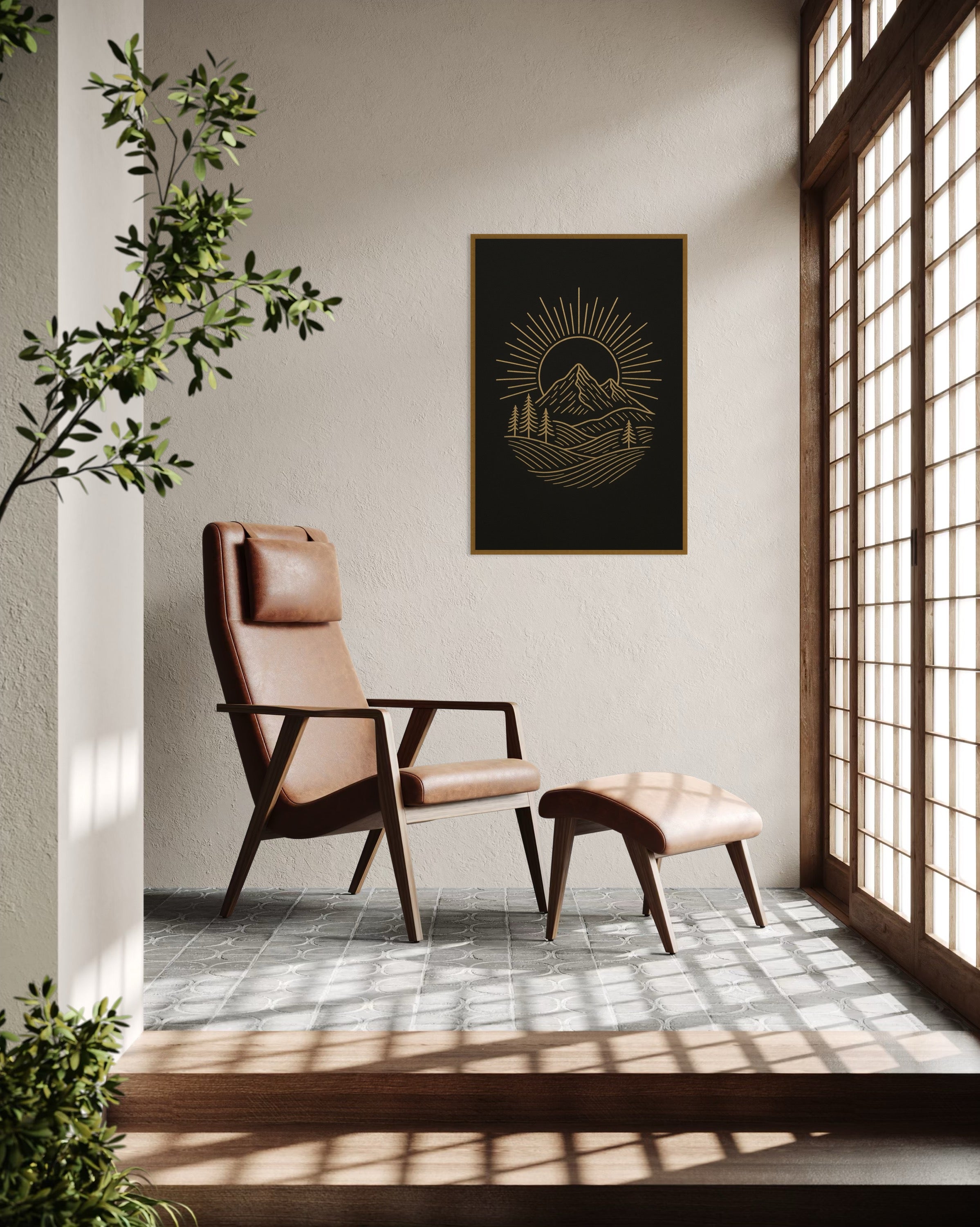 Dark Boho Berglandschaft Premium Poster – Minimalistische Wandkunst mit Präsenz