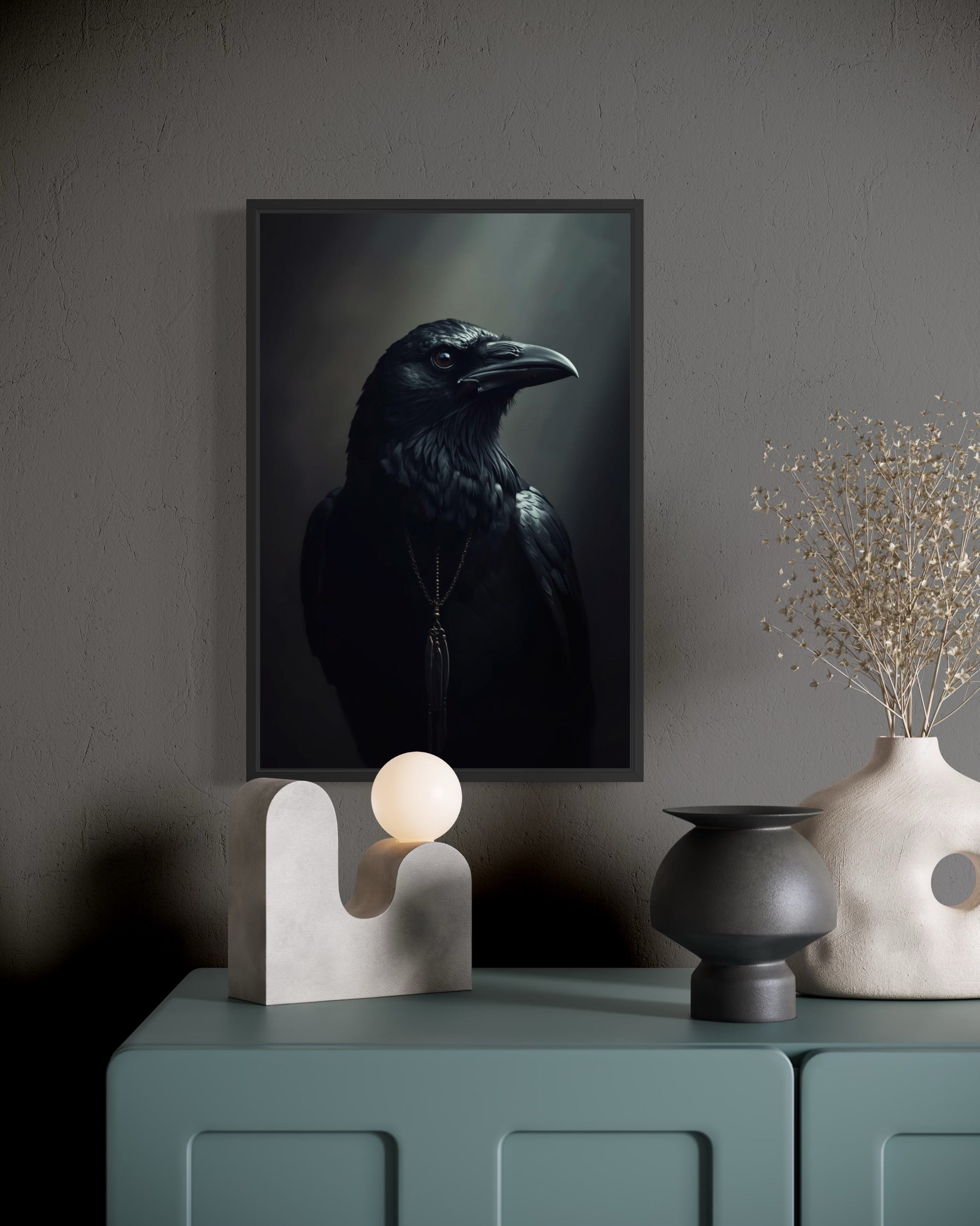 Dark Boho Raben Premium Poster – Mystische Wandkunst in Schwarz & Grau