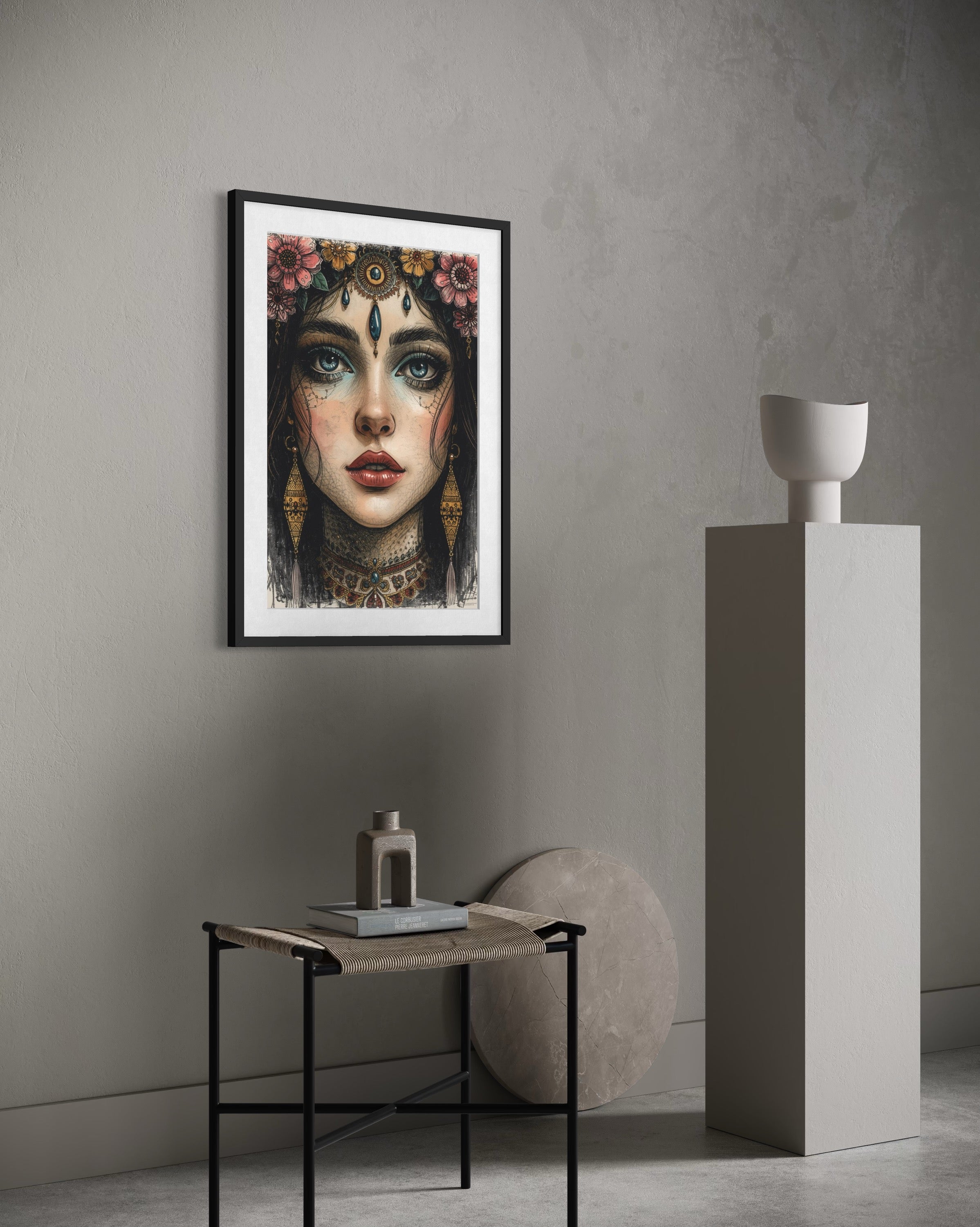 Dark Boho Kunstdruck - Orientalisches Frauenportrait - Goldene Details - Fine Art