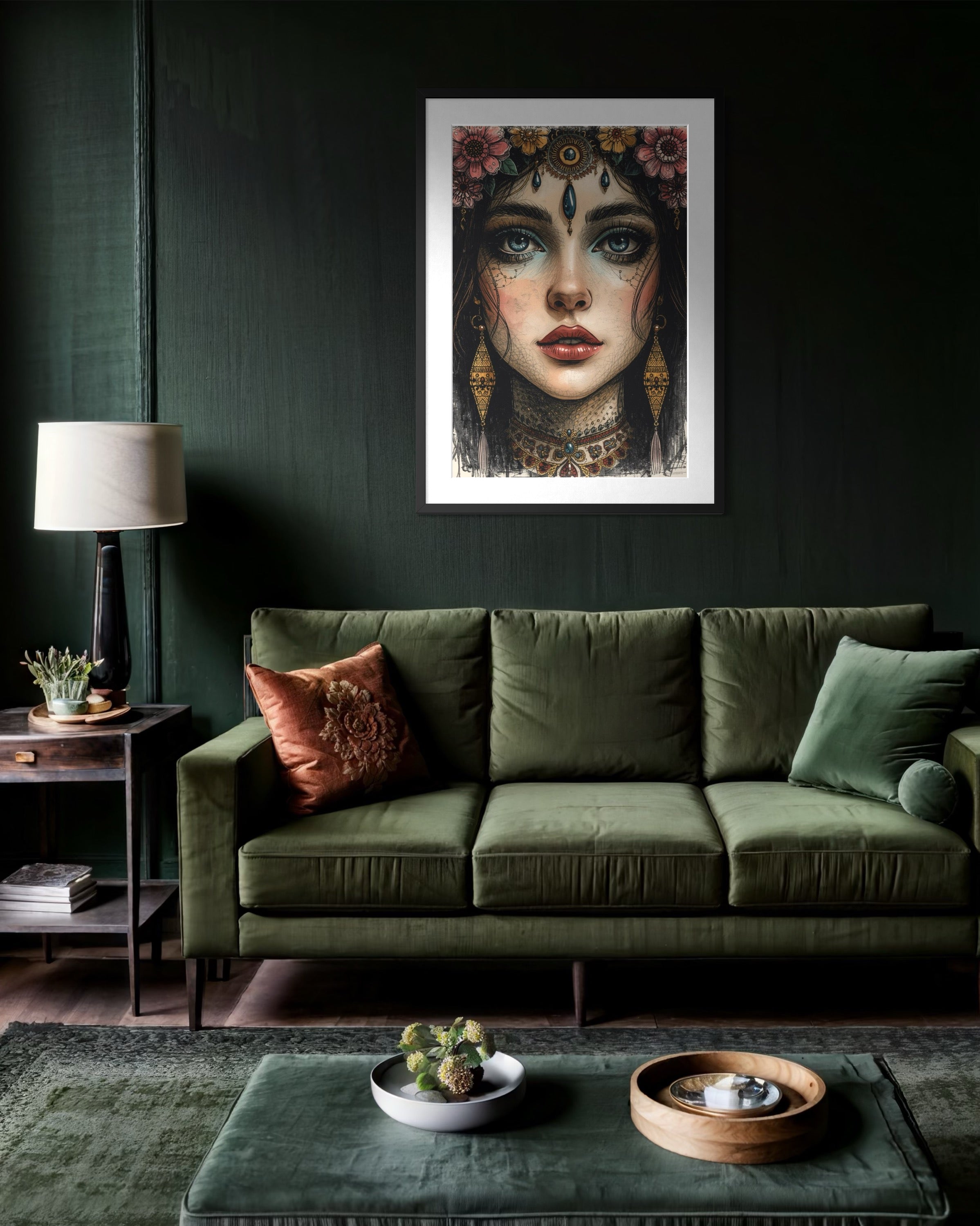 Dark Boho Kunstdruck - Orientalisches Frauenportrait - Goldene Details - Fine Art