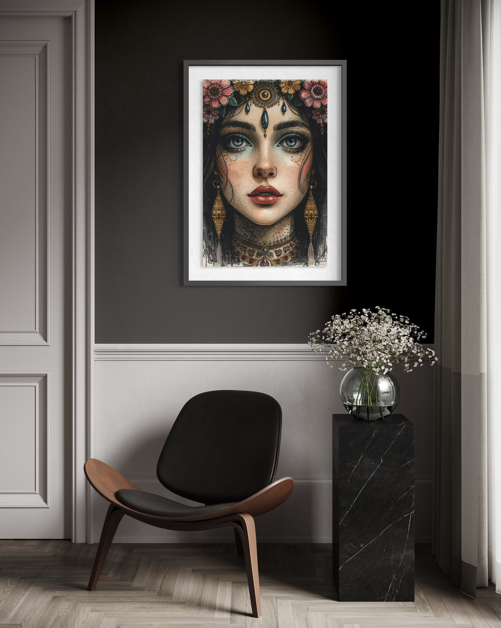 Dark Boho Kunstdruck - Orientalisches Frauenportrait - Goldene Details - Fine Art