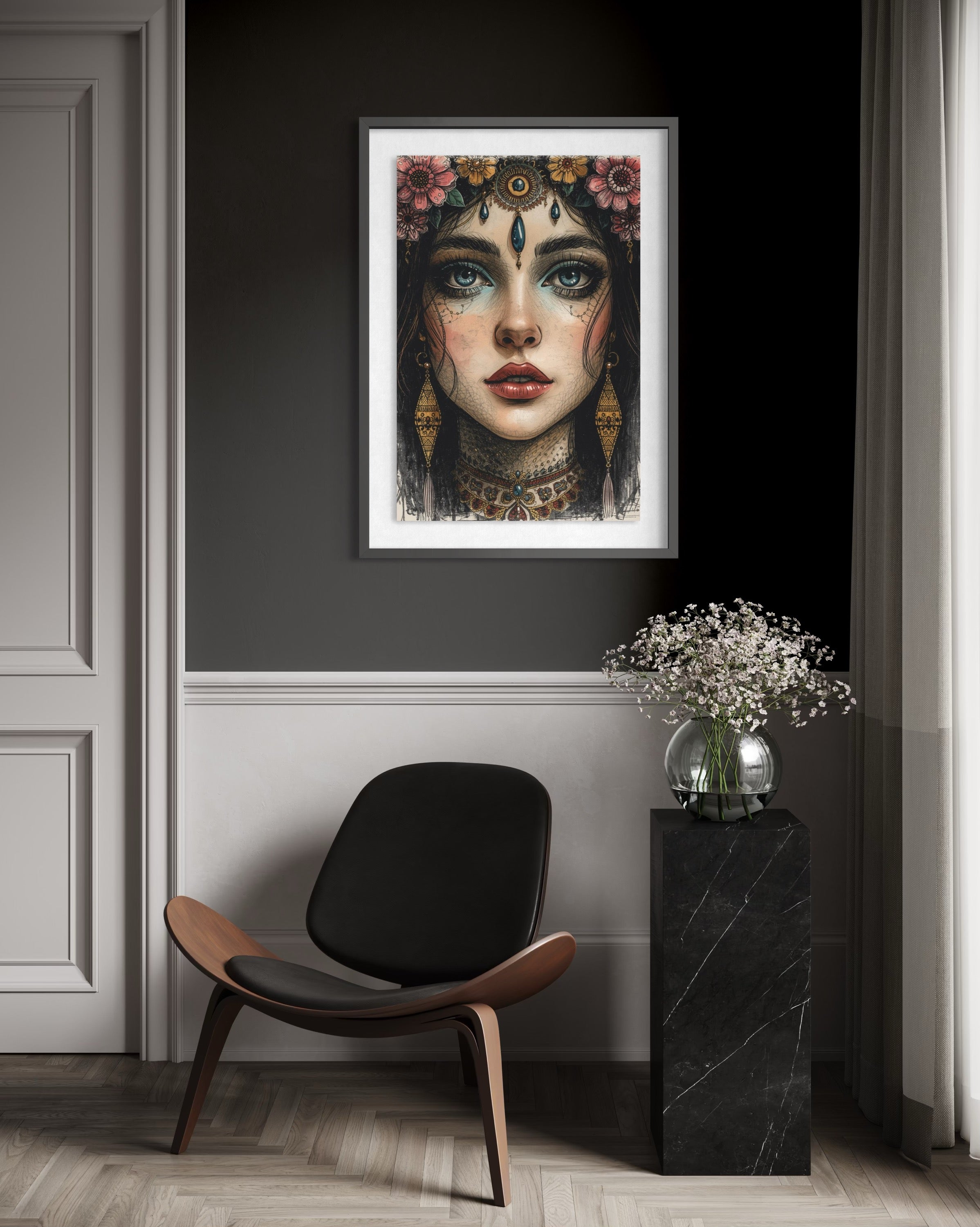 Dark Boho Kunstdruck - Orientalisches Frauenportrait - Goldene Details - Fine Art