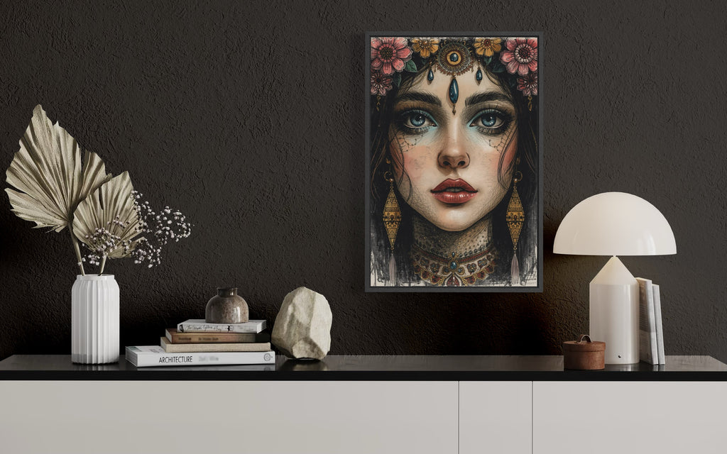 Dark Boho Kunstdruck - Orientalisches Frauenportrait - Goldene Details - Fine Art