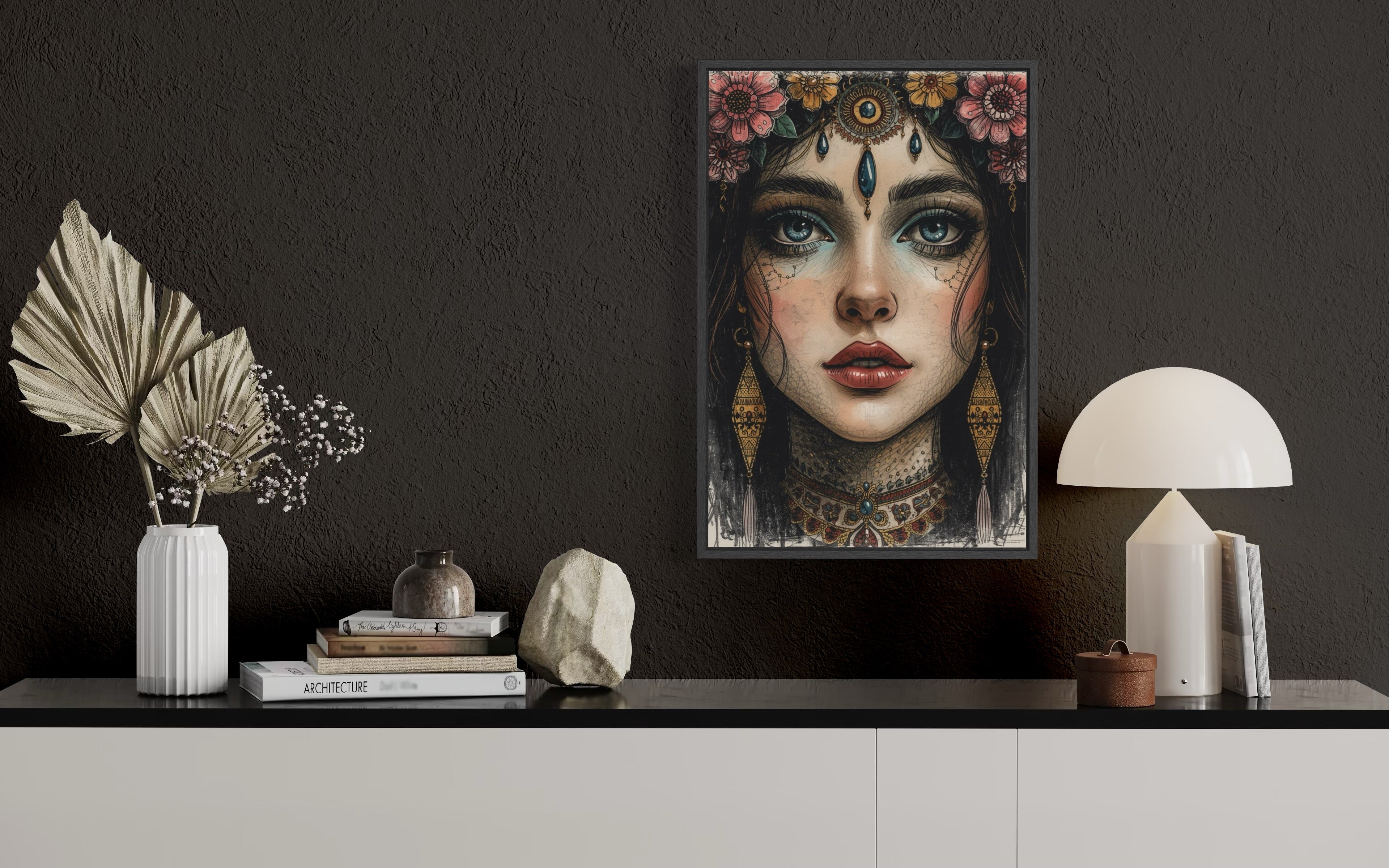 Dark Boho Kunstdruck - Orientalisches Frauenportrait - Goldene Details - Fine Art