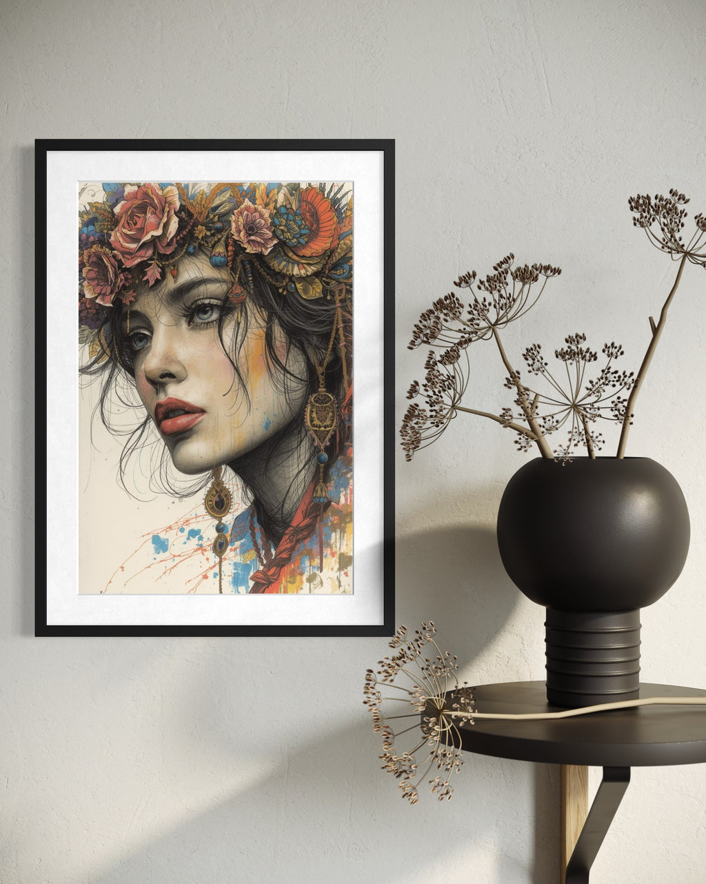 Dark Boho Frauen Vintage Portrait – Fine Art Kunstdruck mit Tiefe