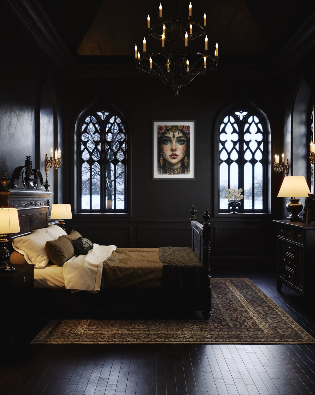 Dark Boho Kunstdruck - Orientalisches Frauenportrait - Goldene Details - Fine Art