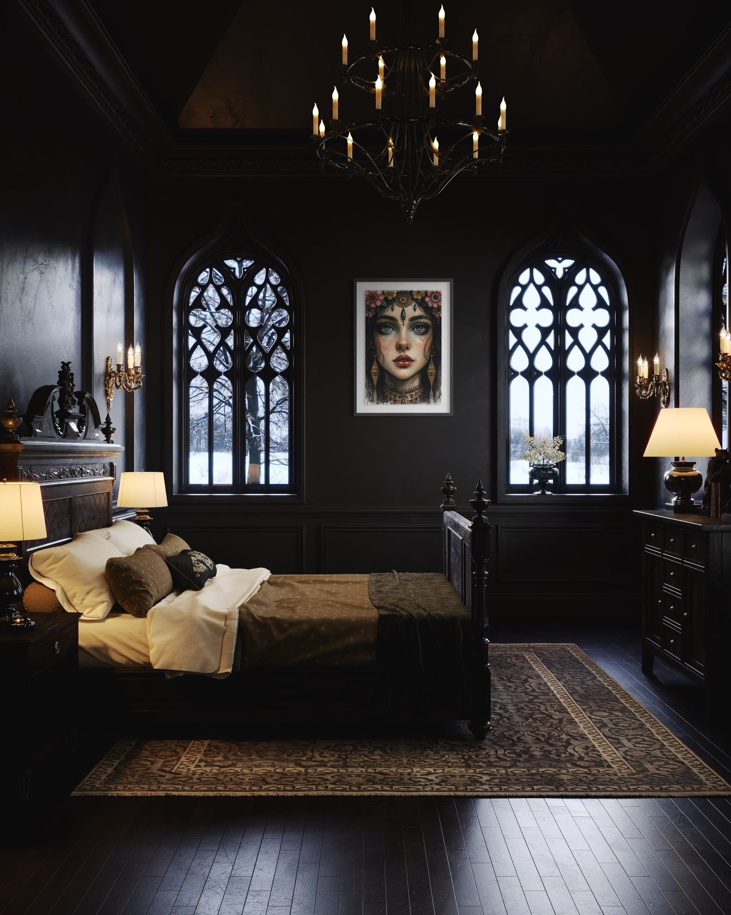 Dark Boho Kunstdruck - Orientalisches Frauenportrait - Goldene Details - Fine Art