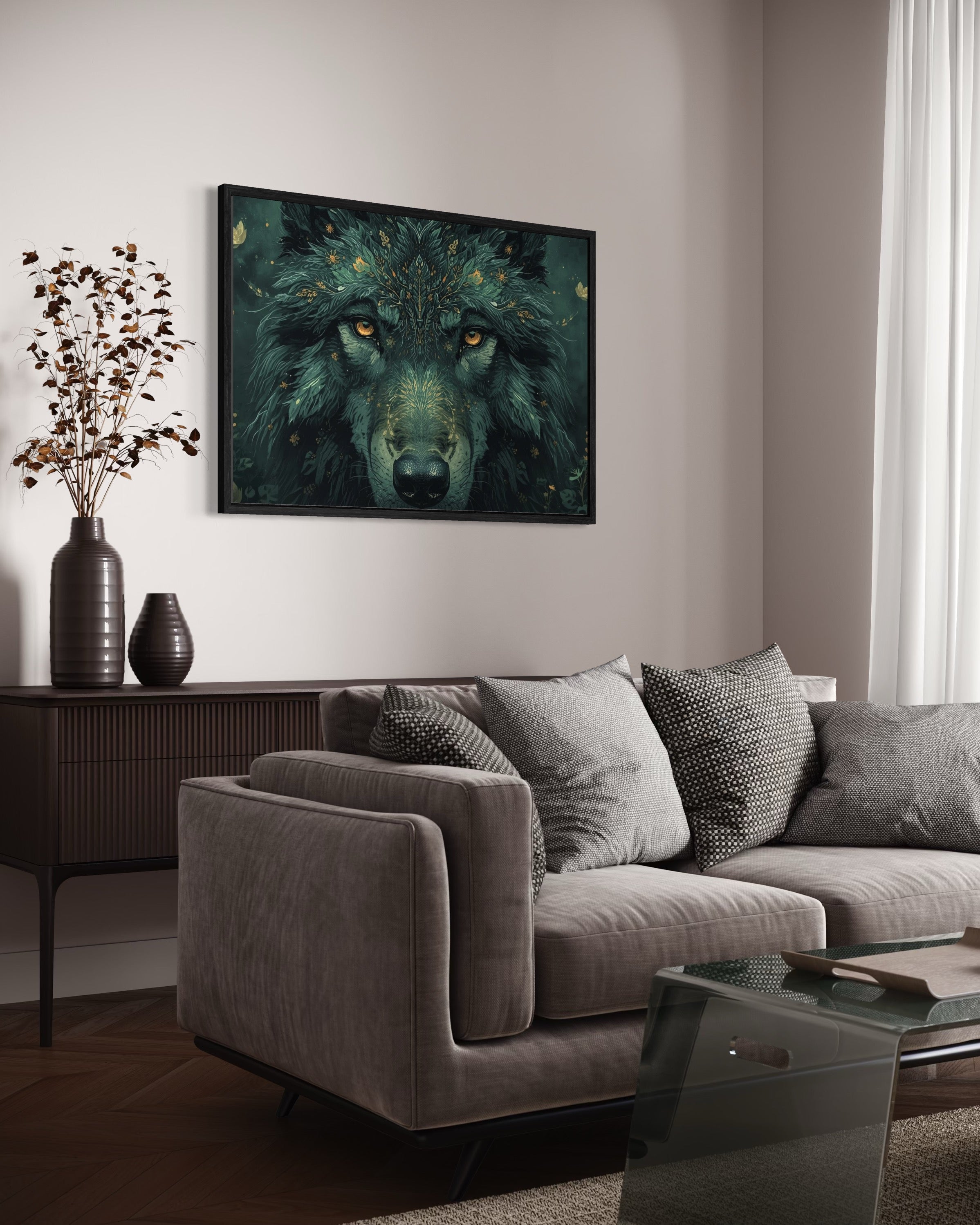 Dark Boho Wolf Premium Poster – Mystische Waldkunst mit Tiefe