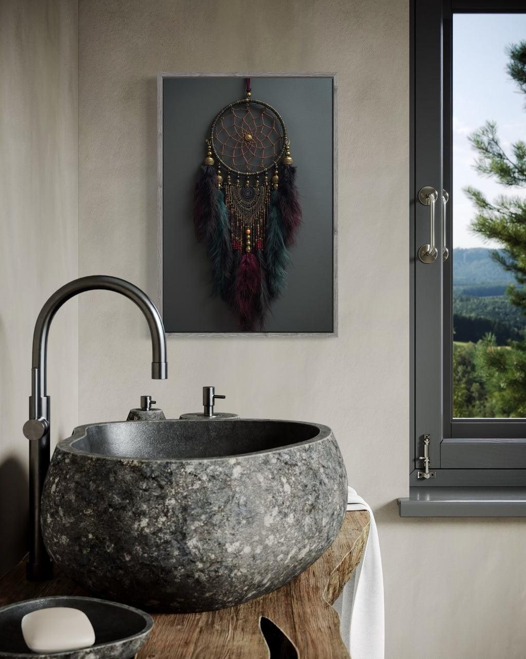 Dark Boho Traumfänger Kunstdruck – Mystische Wandkunst mit Tiefe