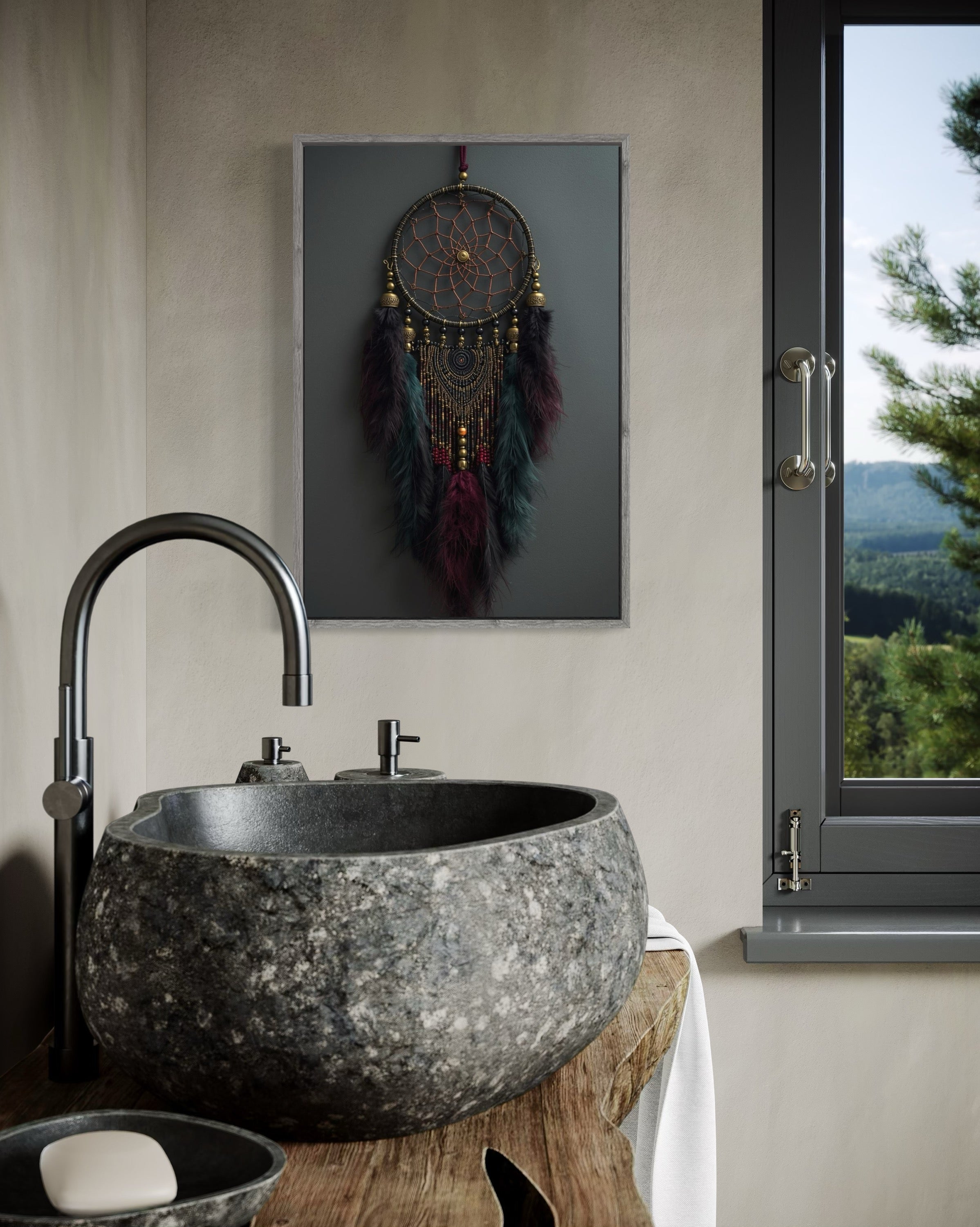 Dark Boho Traumfänger Kunstdruck – Mystische Wandkunst mit Tiefe