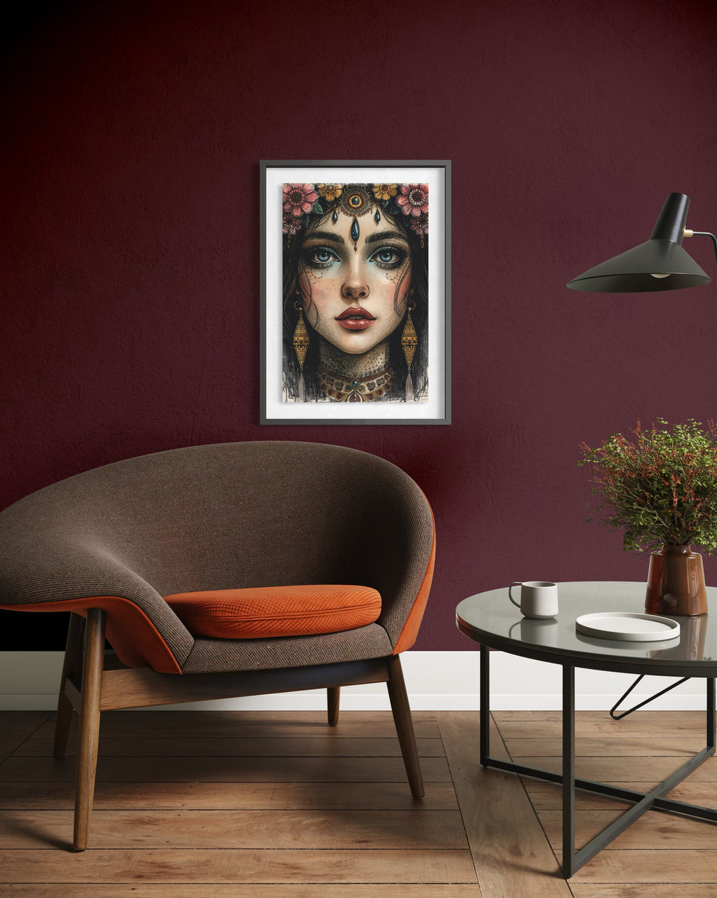 Dark Boho Kunstdruck - Orientalisches Frauenportrait - Goldene Details - Fine Art