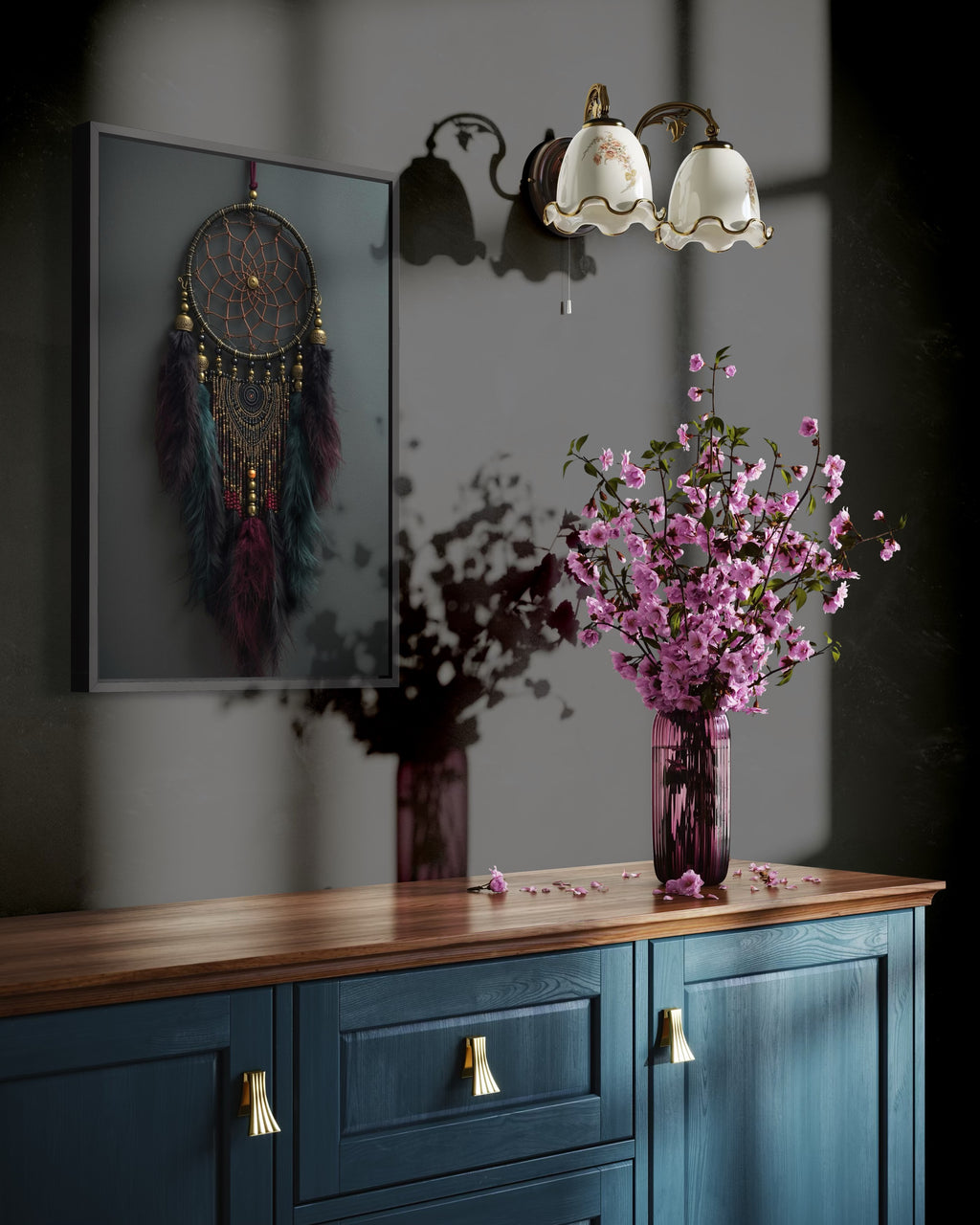 Dark Boho Traumfänger Kunstdruck – Mystische Wandkunst mit Tiefe