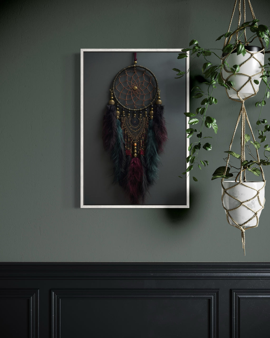 Dark Boho Traumfänger Kunstdruck – Mystische Wandkunst mit Tiefe