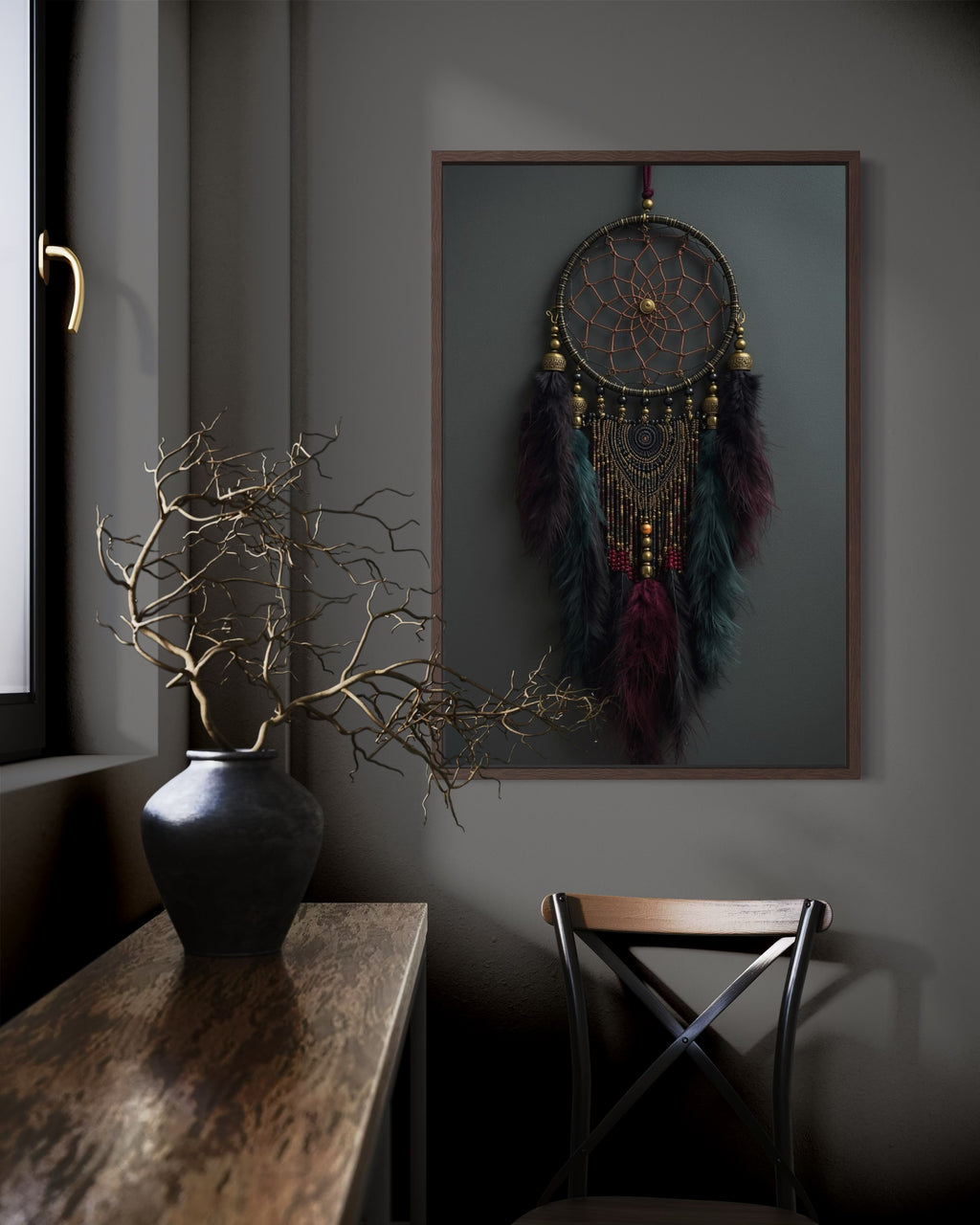 Dark Boho Traumfänger Kunstdruck – Mystische Wandkunst mit Tiefe