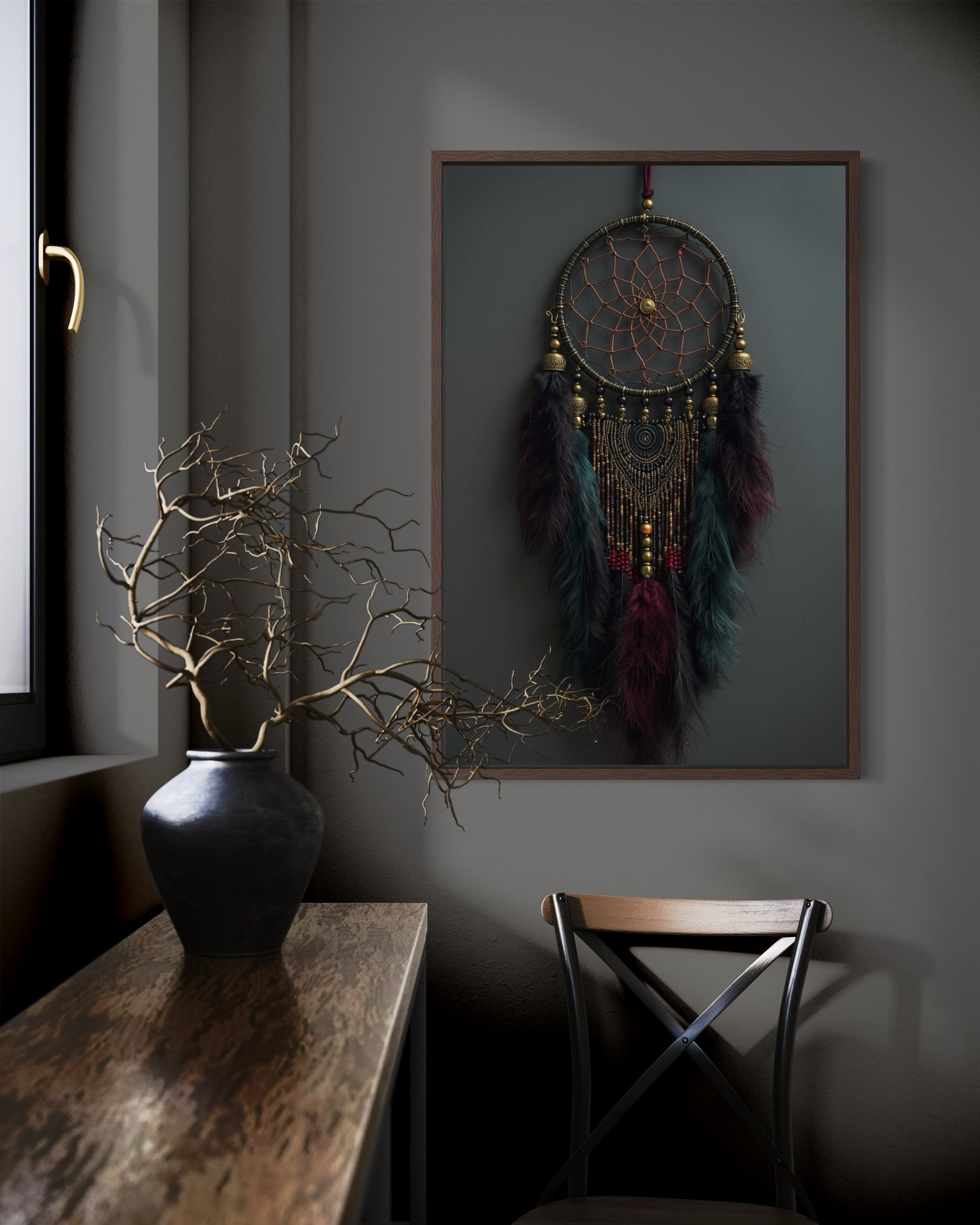 Dark Boho Traumfänger Kunstdruck – Mystische Wandkunst mit Tiefe