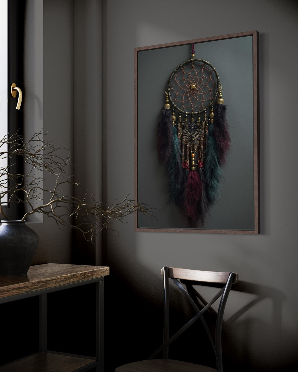 Dark Boho Traumfänger Kunstdruck – Mystische Wandkunst mit Tiefe