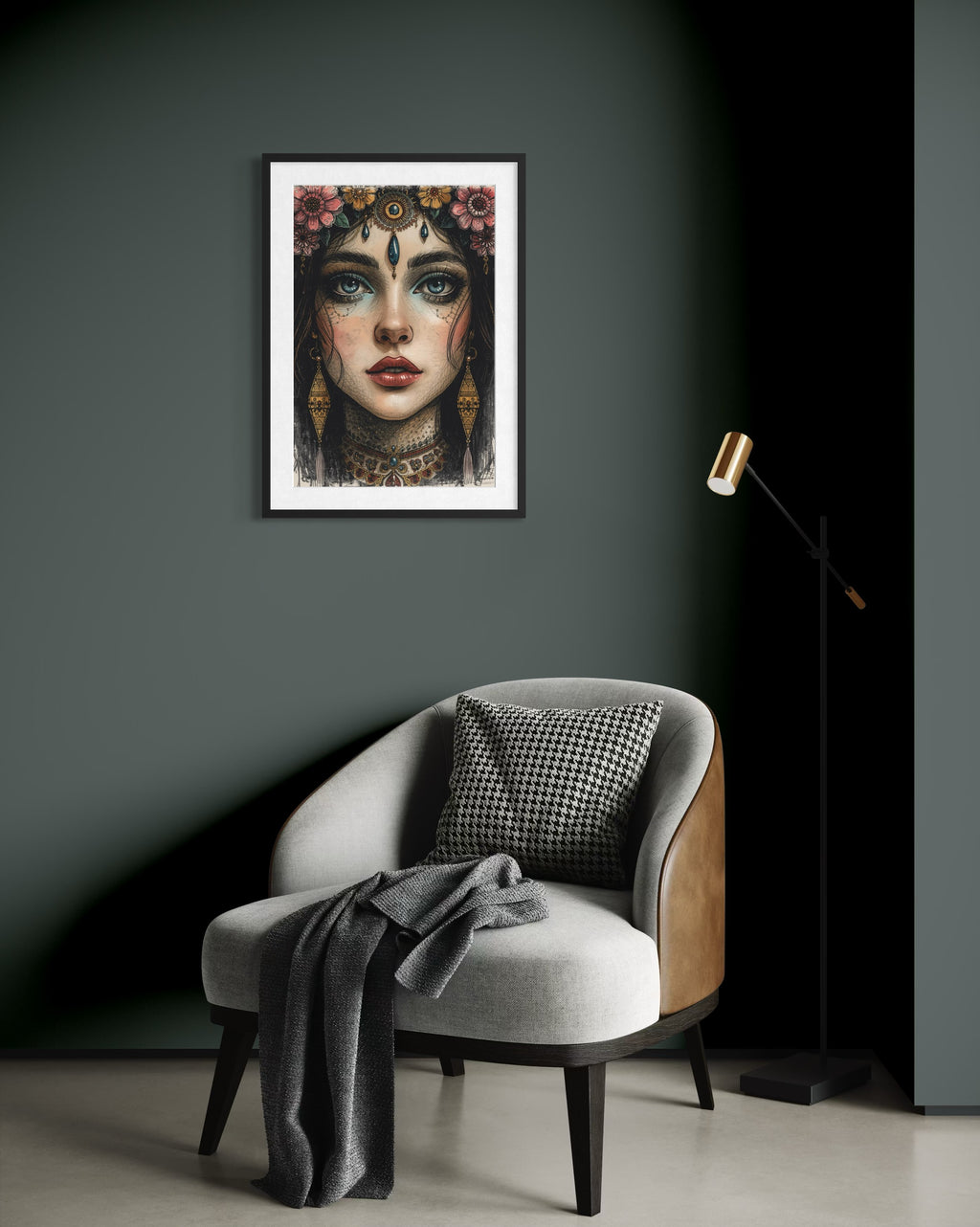 Dark Boho Kunstdruck - Orientalisches Frauenportrait - Goldene Details - Fine Art