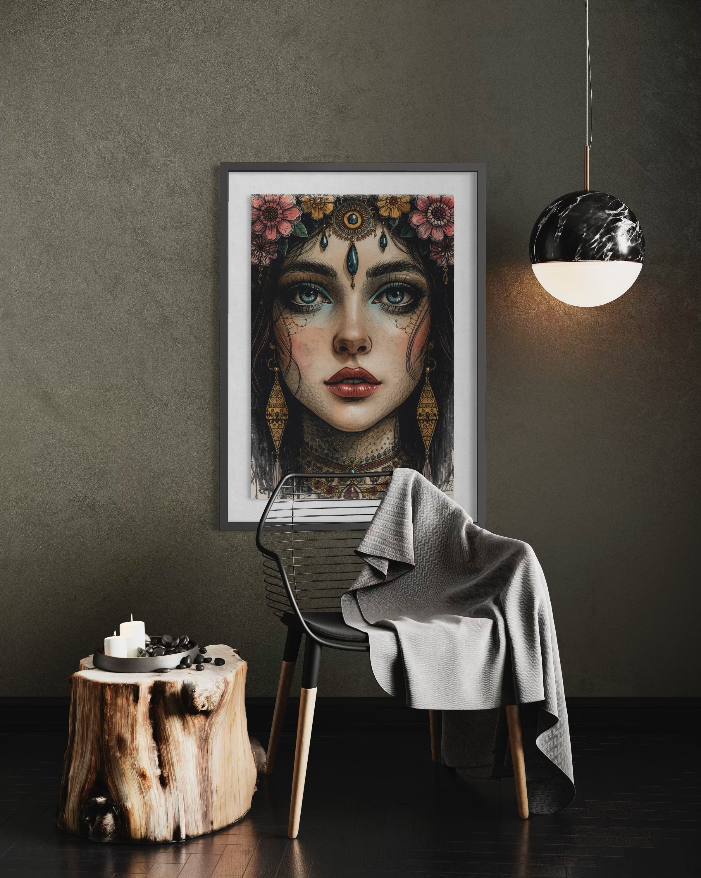 Dark Boho Kunstdruck - Orientalisches Frauenportrait - Goldene Details - Fine Art